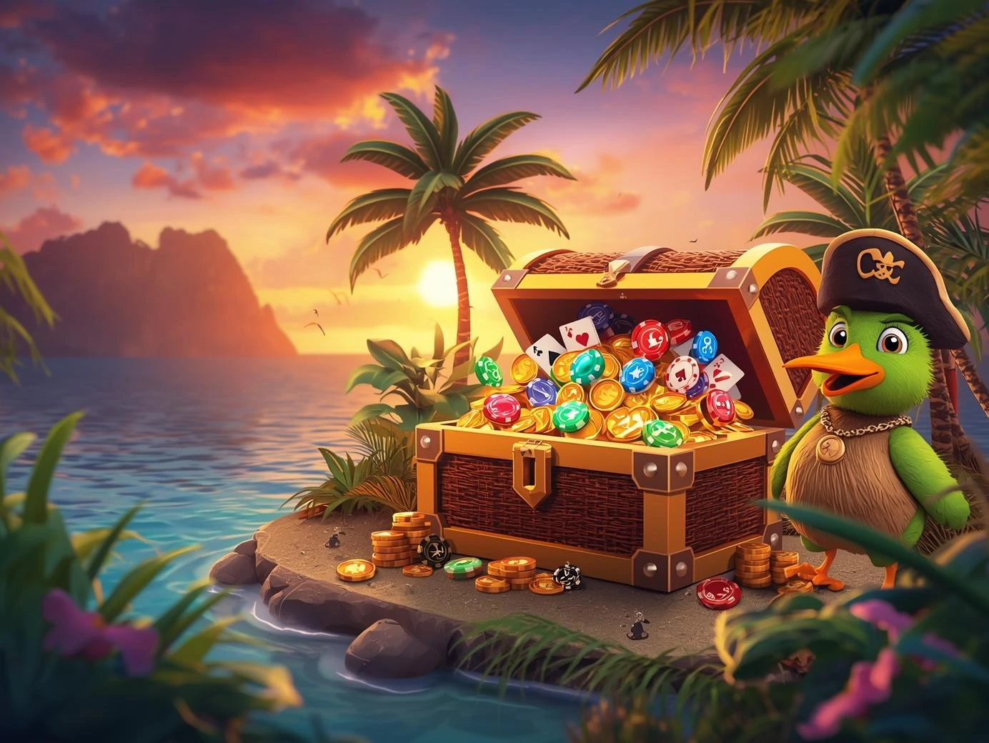 Kiwi's Treasure Casino welcome banner showing treasure chest overflowing with gold coins and gaming elements